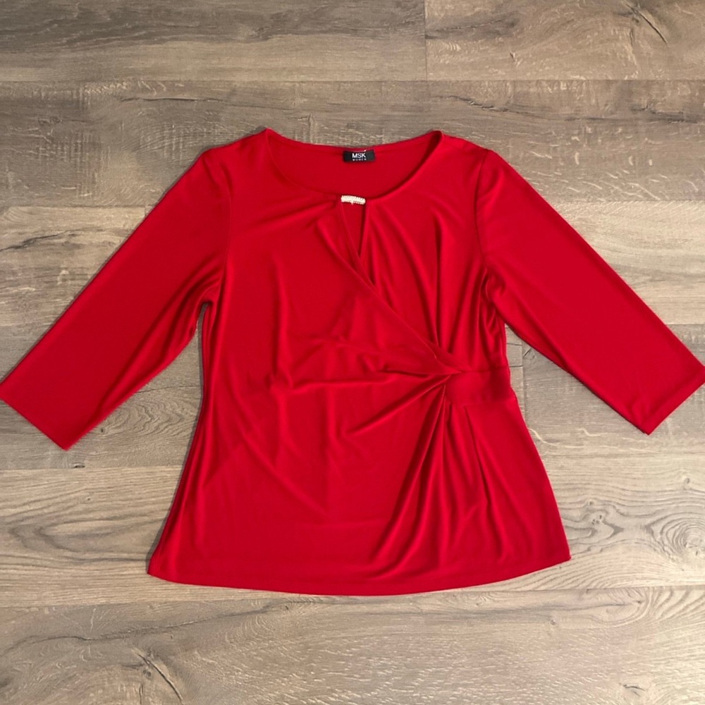 MSK Women red 3/4 sleeved wrap top with rhinestone detail at neck, XXL